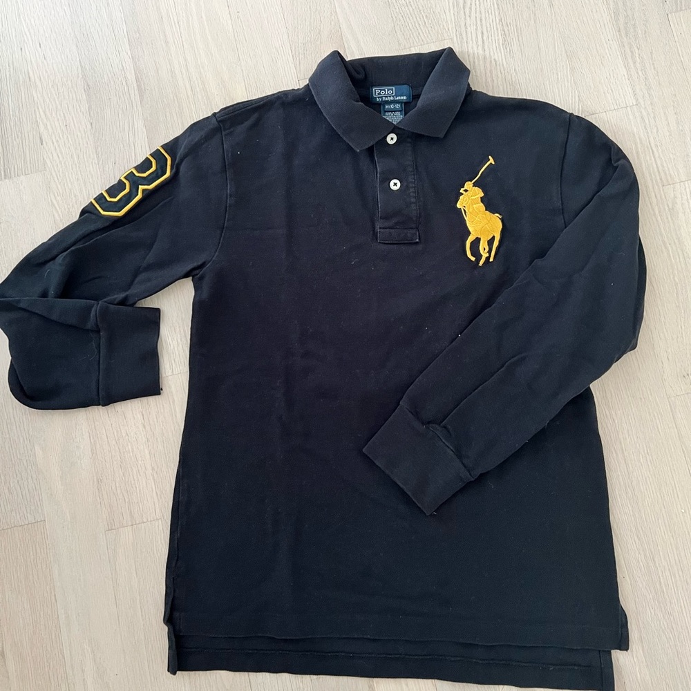 Black Ralph Lauren Polo shirt with gold large pint embroidered logo